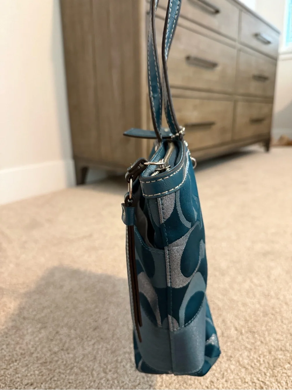COACH factory F20429 Signature Sateen Tote Shoulder Bag in Teal Blue Metallic